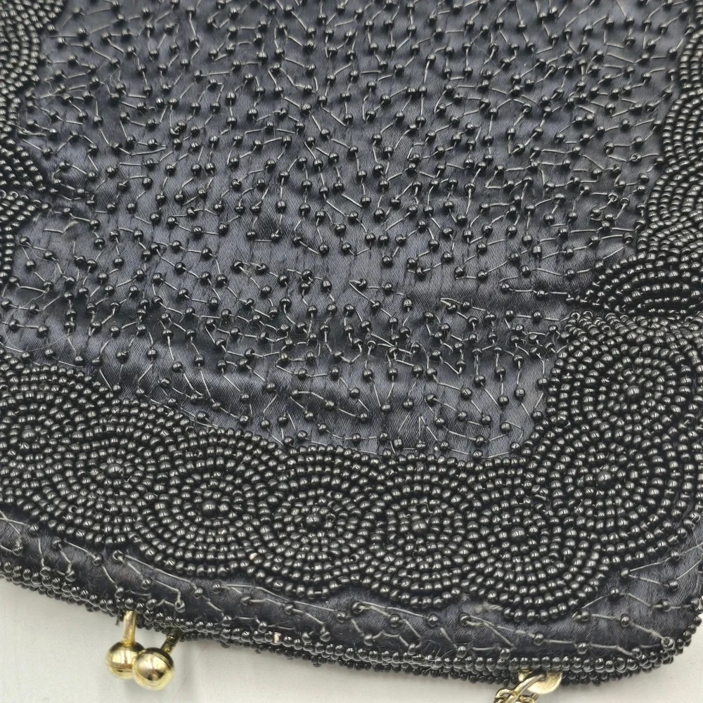 Vintage Black Beaded Evening Bag Clutch Gold Chain Kiss Lock Made in Korea